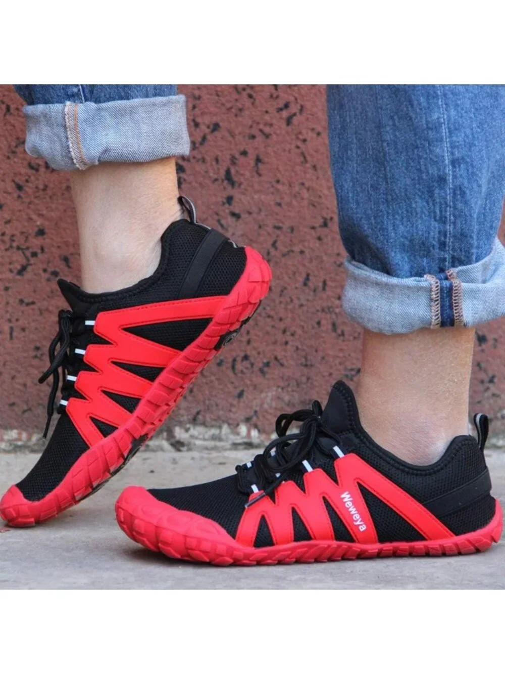 Weweya Mens Black Red Rubber Minimalist Barefoot Wide Toe Lace Up Athletic Shoes